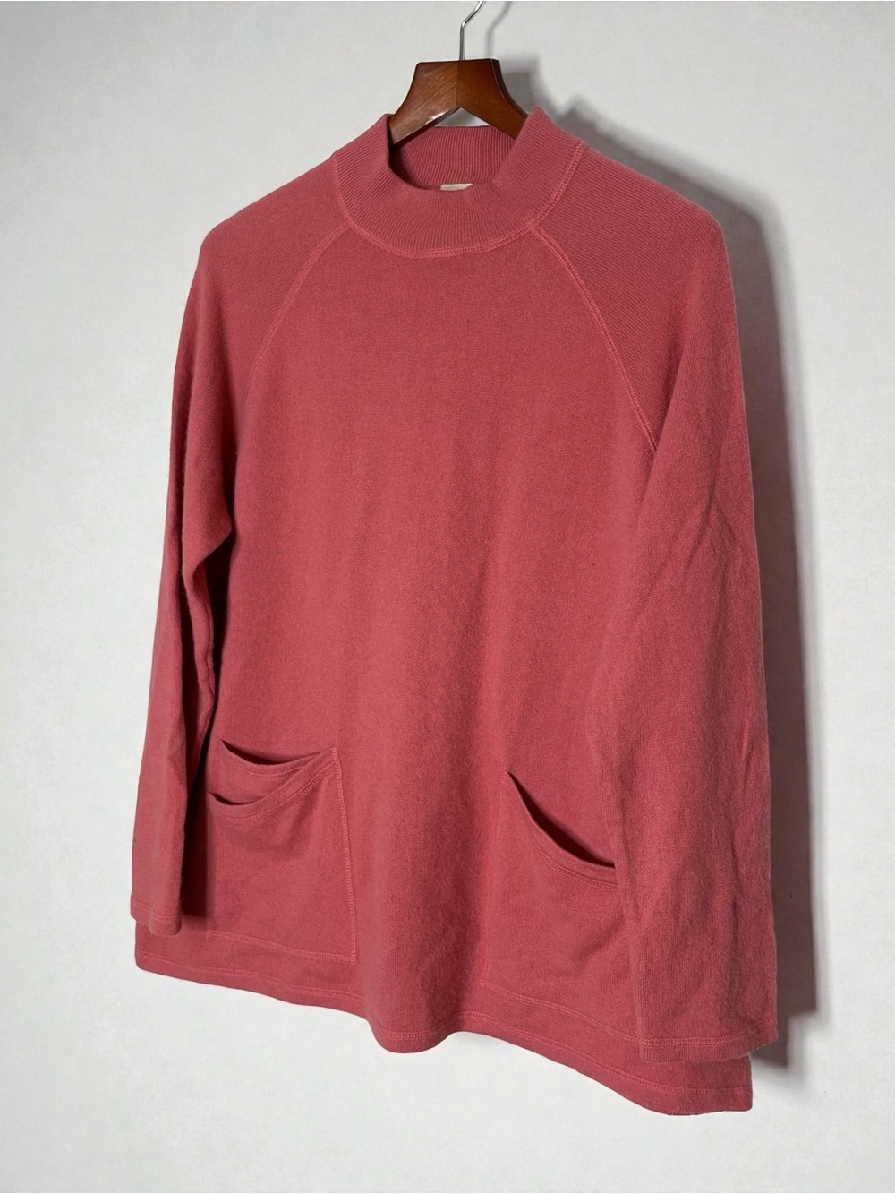 J Jill 100% Cashmere Tunic Sweater Coral Pink Mock Neck Pockets Size Large - Picture 2 of 8